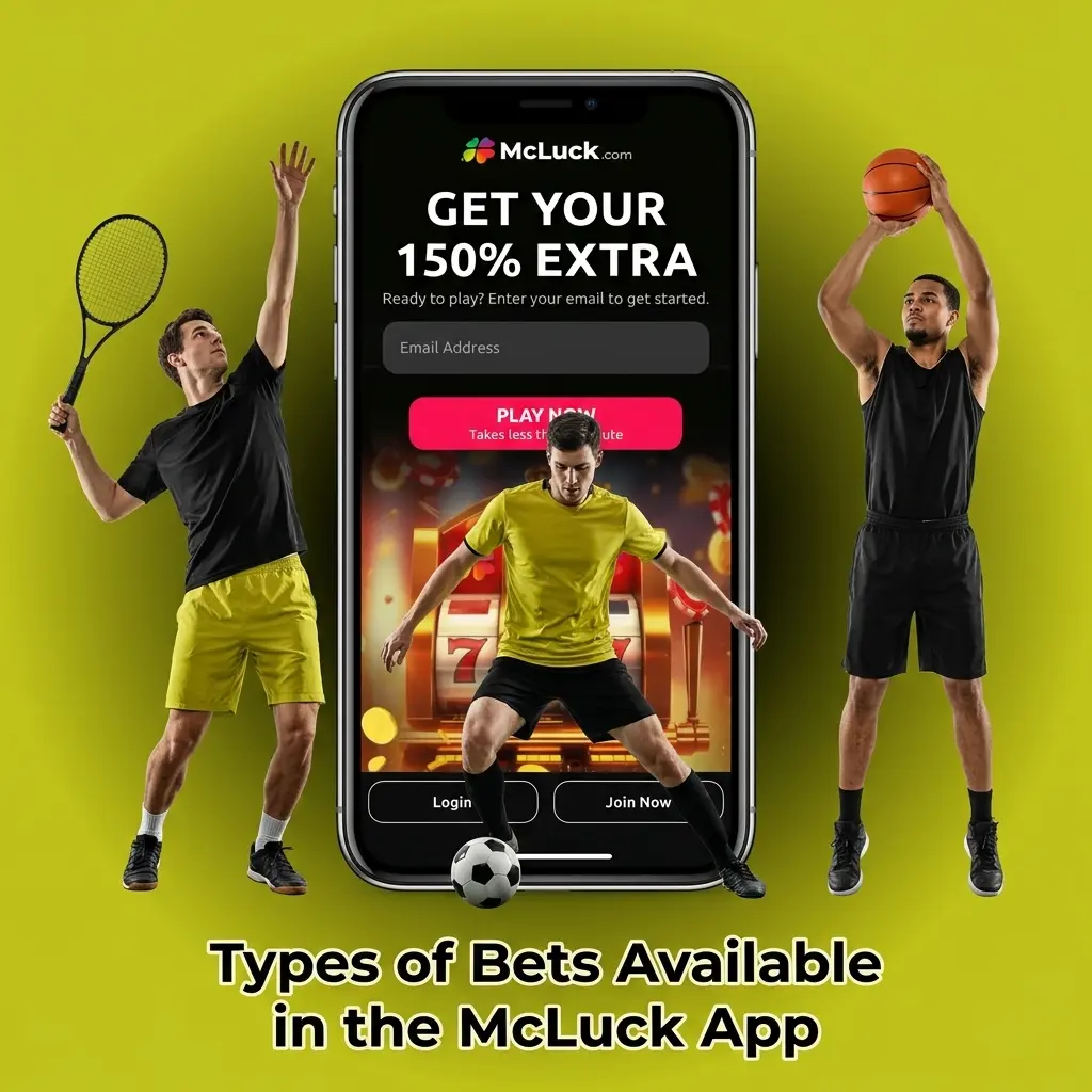 McLuck app sportsbook bet types including single, parlay, teaser, prop, and live in-play betting options